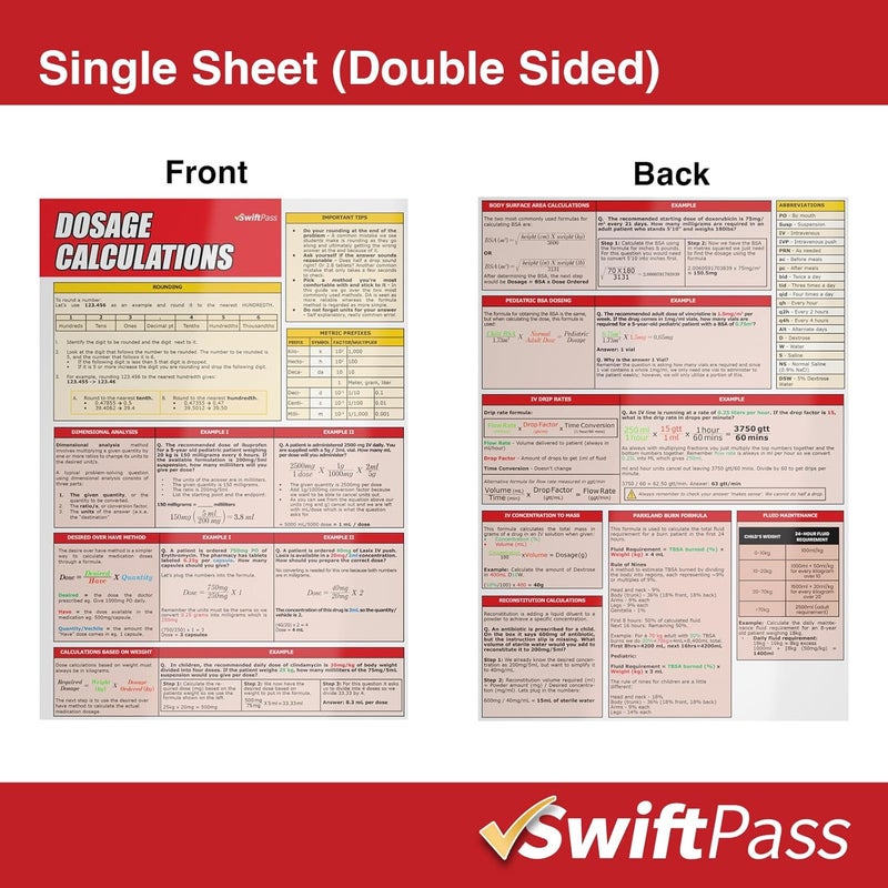 SwiftPass Dosage Calculations Quick Exam Study Sheet - Medical Math for Nursing Students, Paramedics, Registered Nurses - Image 4